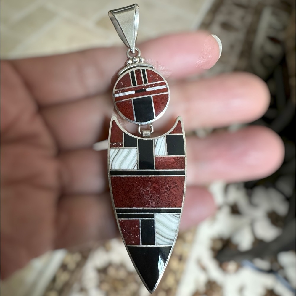 Wayne Etsitty‎ Navajo Pendant 3.4 in Plume Banded Agate Onyx Sterling 23.4g